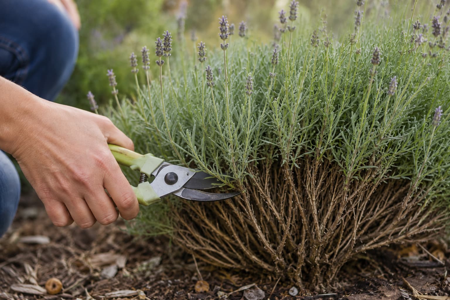 Lavender pruning guide showing a cut placed above healthy green leafy growth rather than deep into old woody stems.