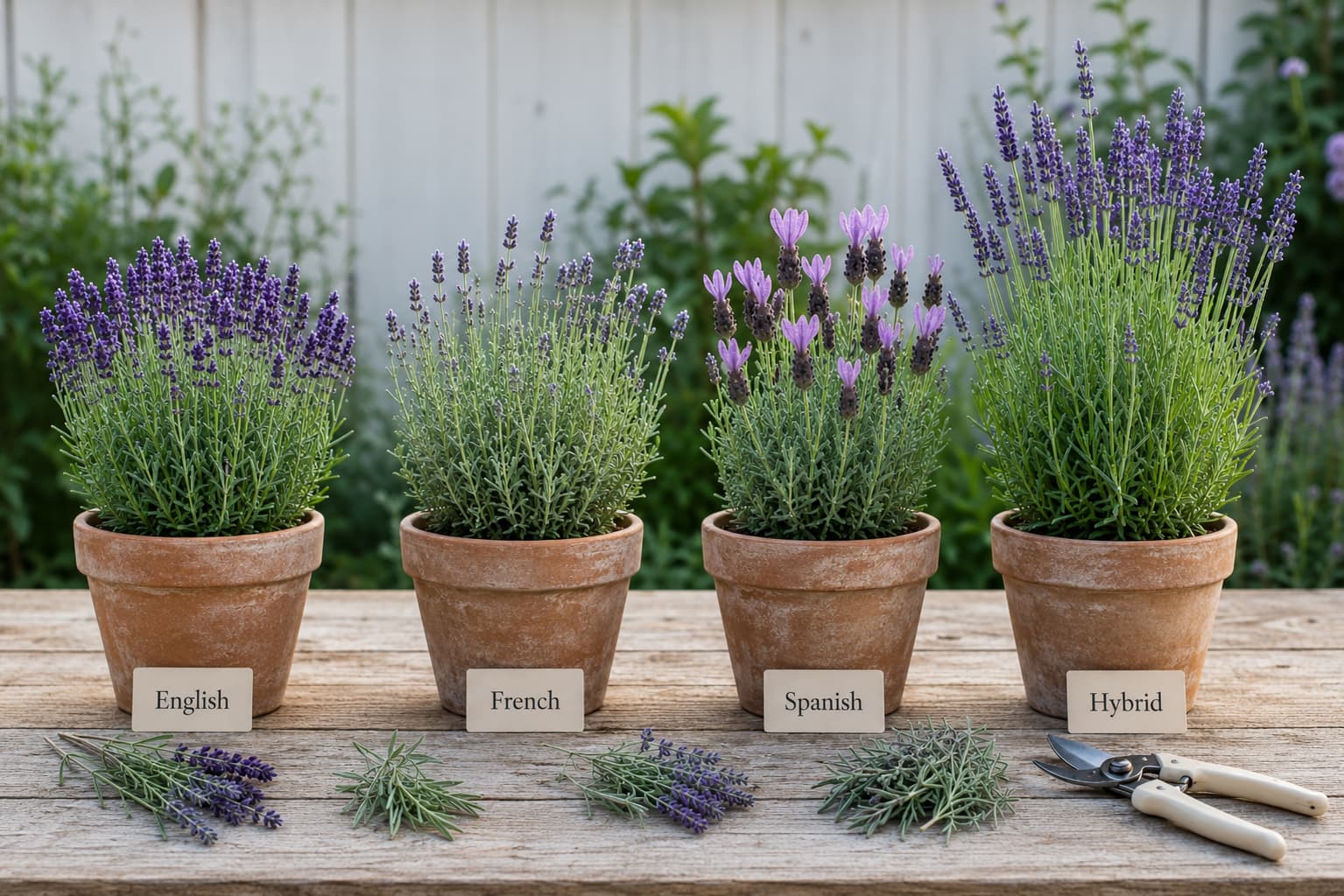 English, French, Spanish, and hybrid lavender plants displayed in separate terracotta pots to compare their growth habits and pruning needs.