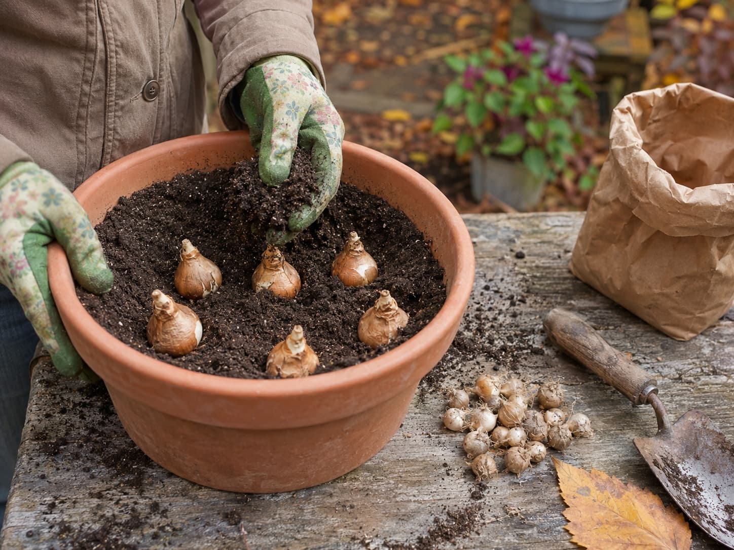 Spring bulbs layered at different depths in a large outdoor container for staggered crocus, daffodil, and tulip blooms.