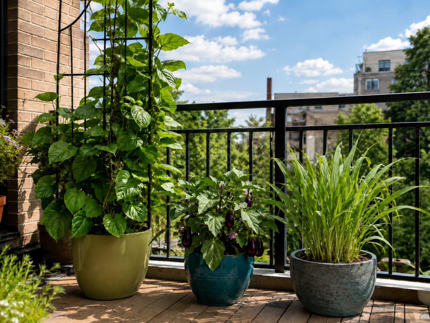 Malabar spinach on a trellis, compact eggplant, and lemongrass growing in separate balcony containers.