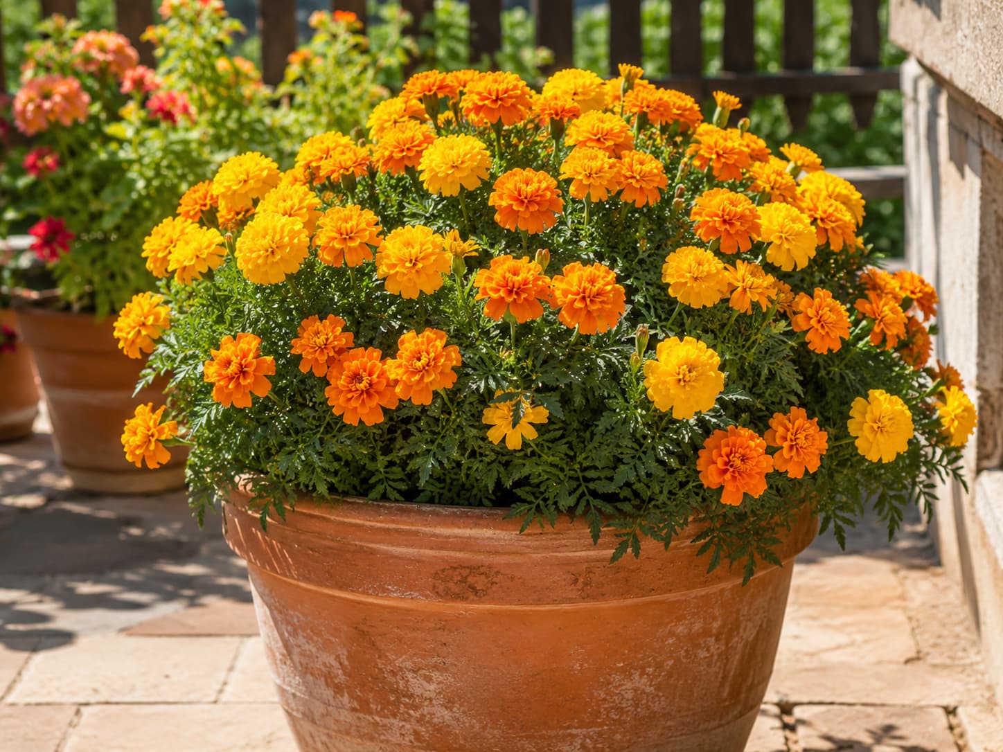 Marigolds flowering densely in a sunny summer container with healthy compact foliage.
