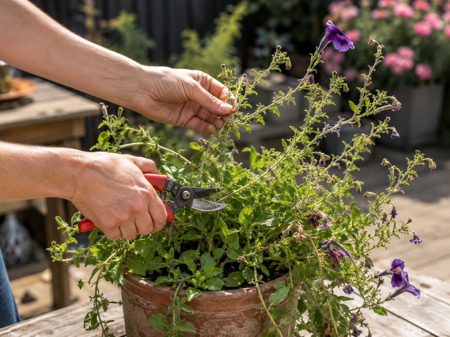 Gardener trimming back a leggy petunia container in midsummer with hand pruners to encourage fuller new growth.