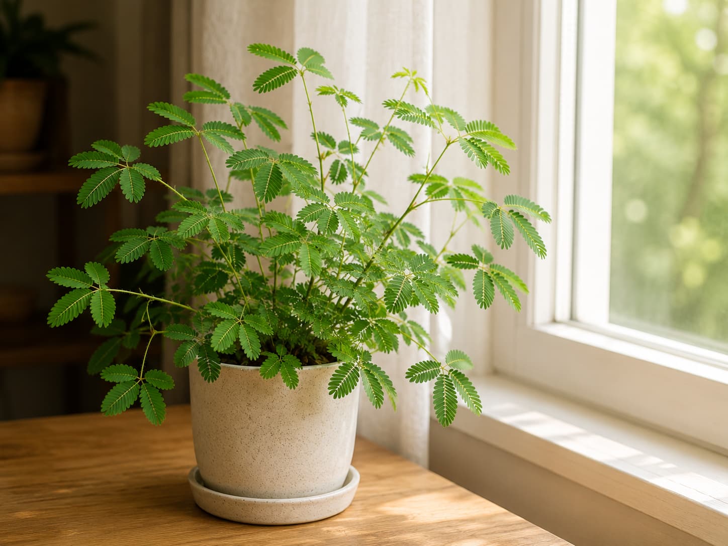 Potted Mimosa pudica positioned close to a bright window with gentle filtered daylight.