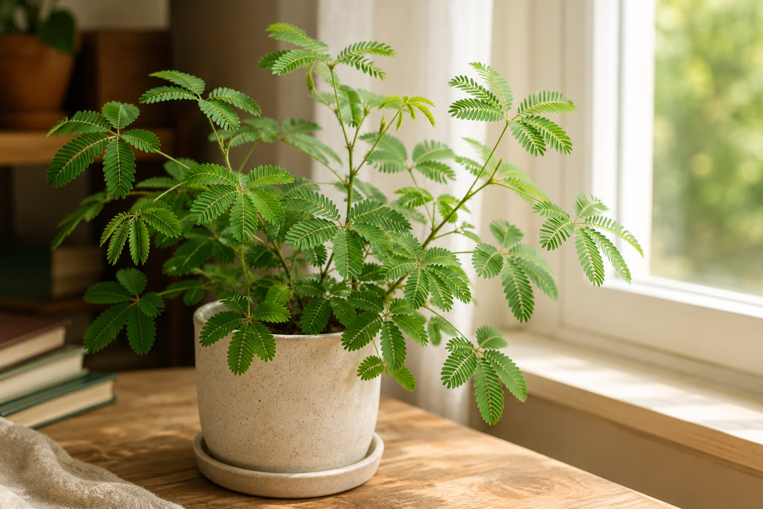 Healthy Mimosa pudica sensitive plant with open fern-like leaves beside a bright indoor window.