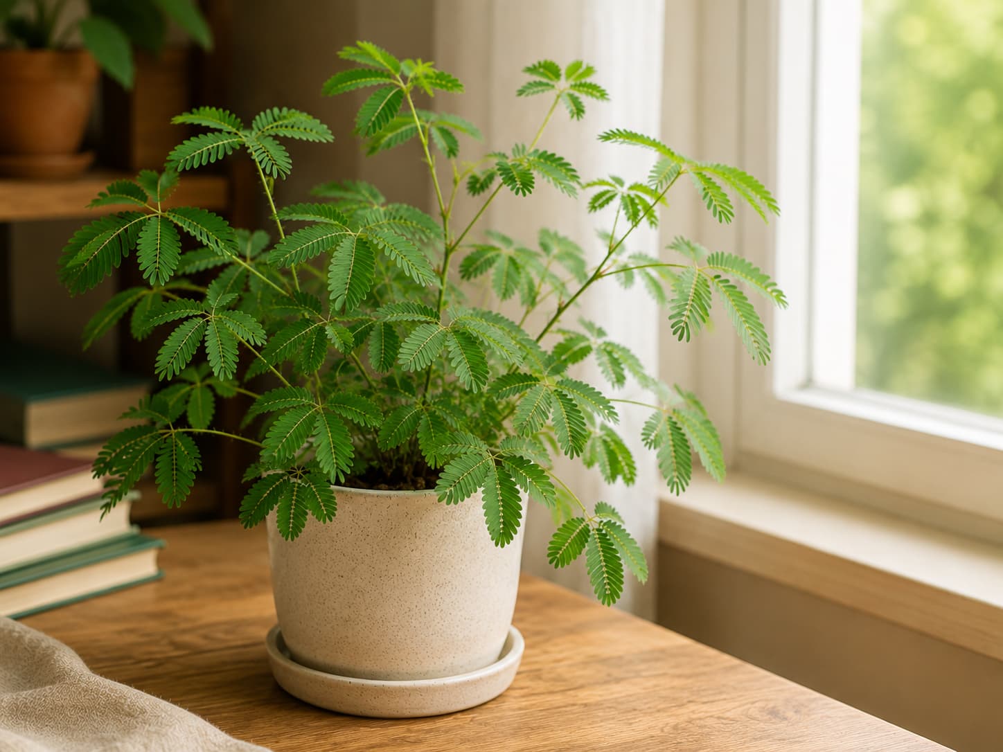 Mimosa pudica resting untouched in bright warm indoor conditions with open daytime leaves.