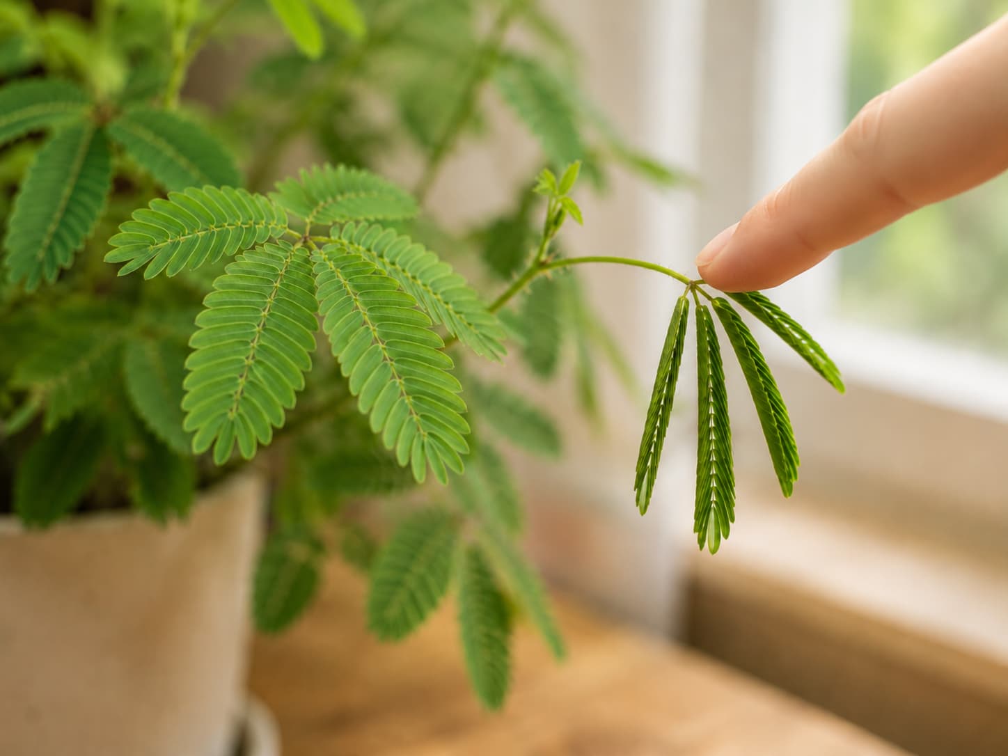 Mimosa pudica leaf shown open in daylight and folded after a gentle touch.