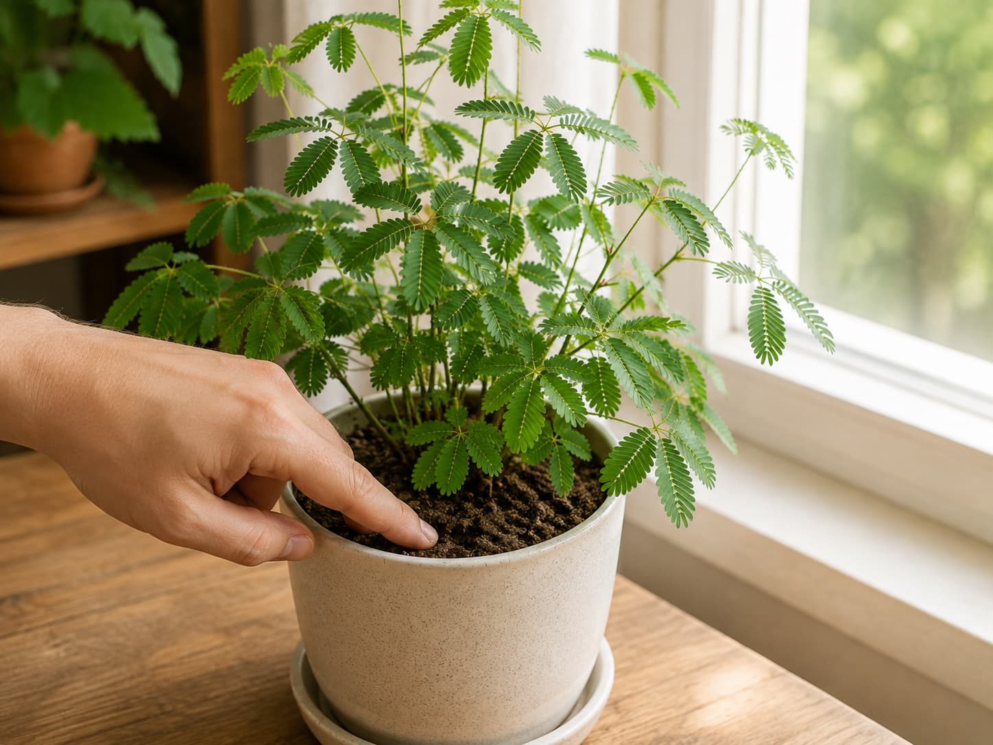 Gardener checking the upper potting mix of a Mimosa pudica before watering.