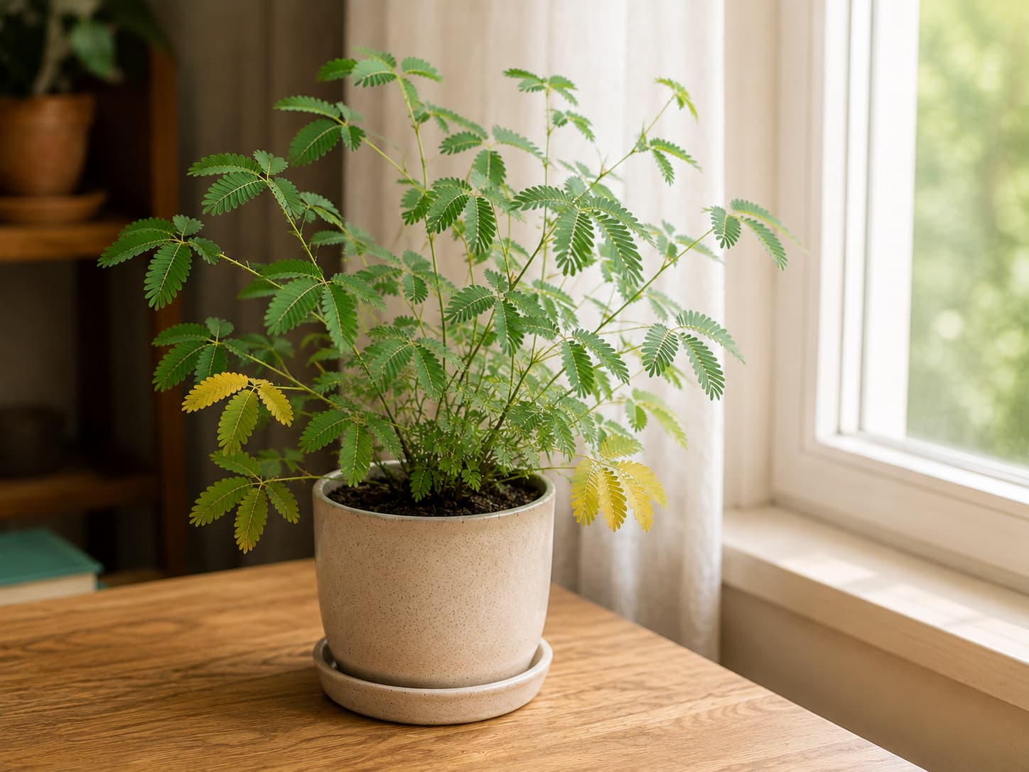 Mimosa pudica with a few yellow lower leaves above potting mix that has stayed too wet.
