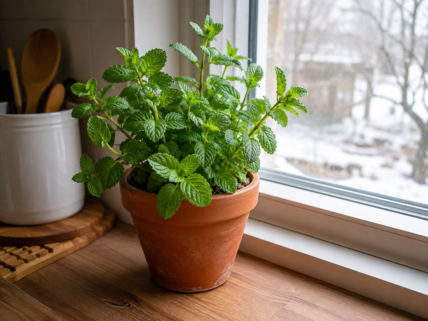 Healthy mint growing in its own terracotta pot near a bright kitchen window during winter.