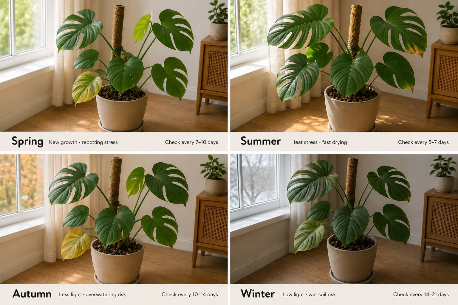 Seasonal Monstera care comparison showing changing watering needs and common yellow-leaf risks in spring, summer, autumn, and winter.