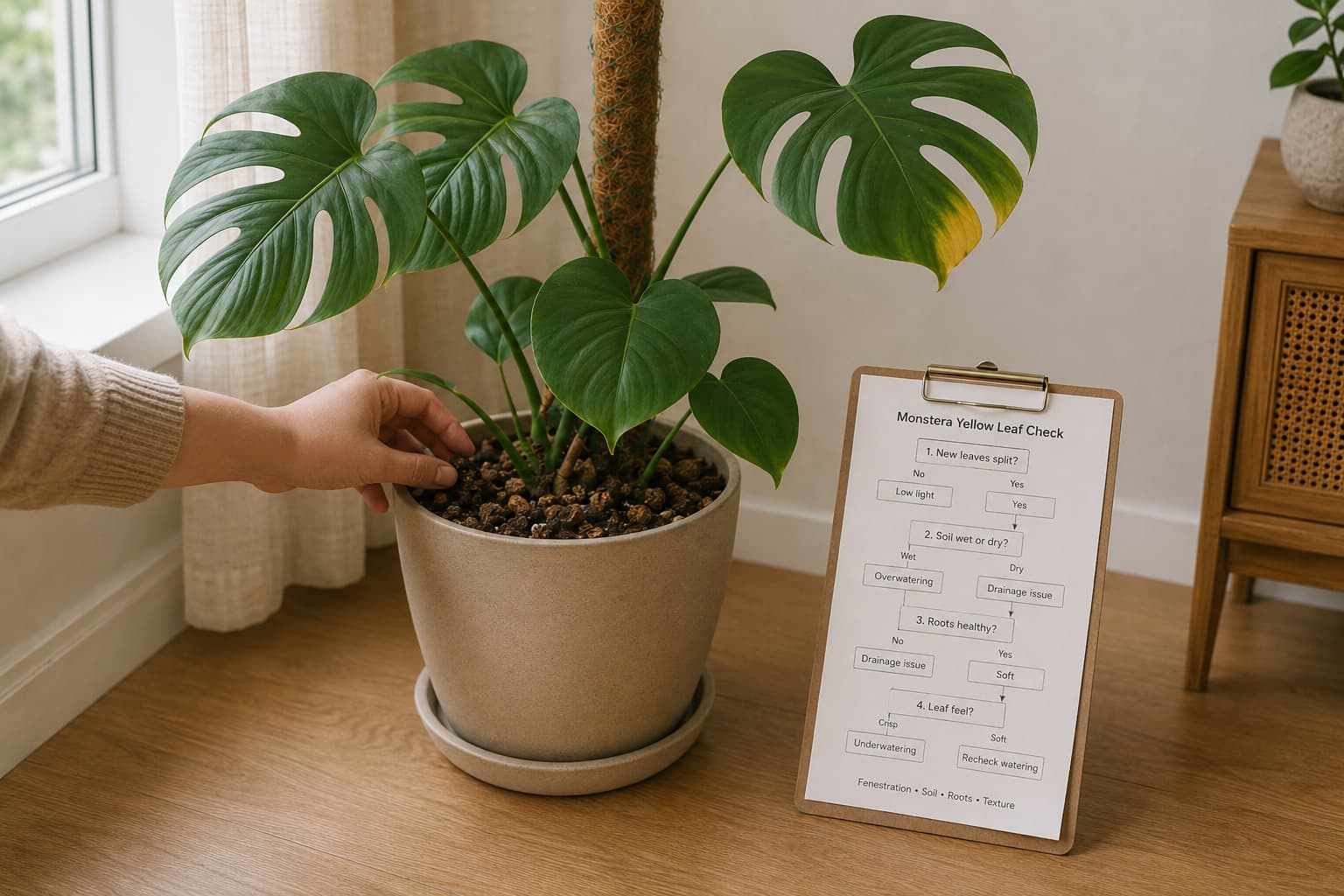 Decision tree for diagnosing yellow Monstera leaves using soil moisture, leaf texture, root condition, and fenestration.