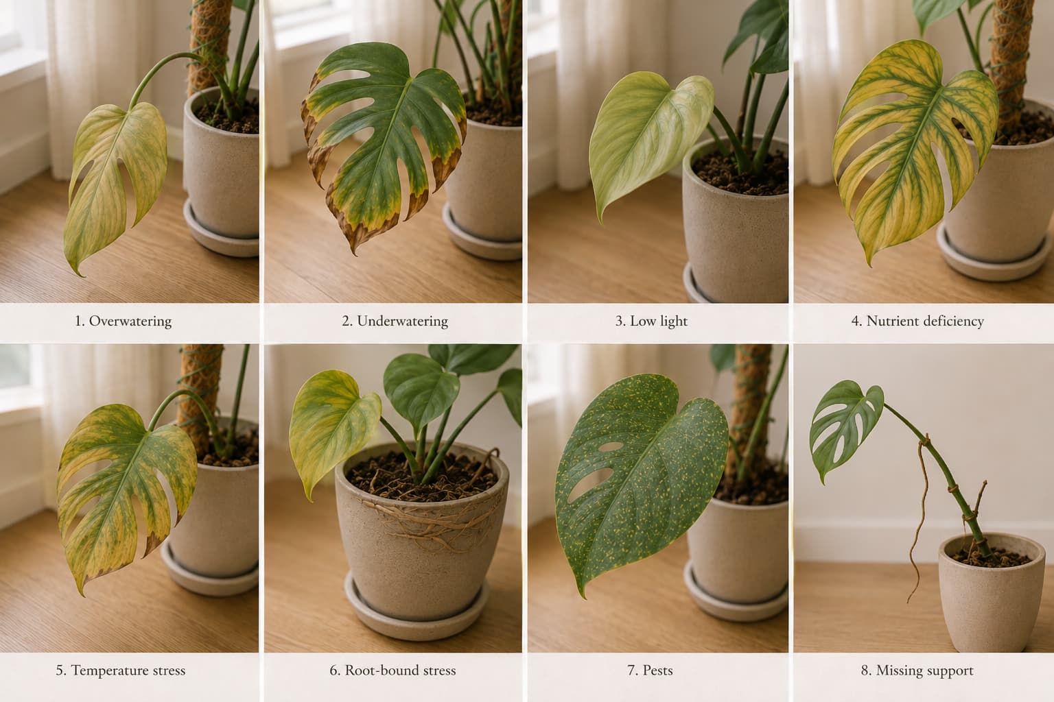 Comparison of yellow Monstera leaf symptoms linked to overwatering, underwatering, low light, nutrients, temperature, roots, pests, and missing support.