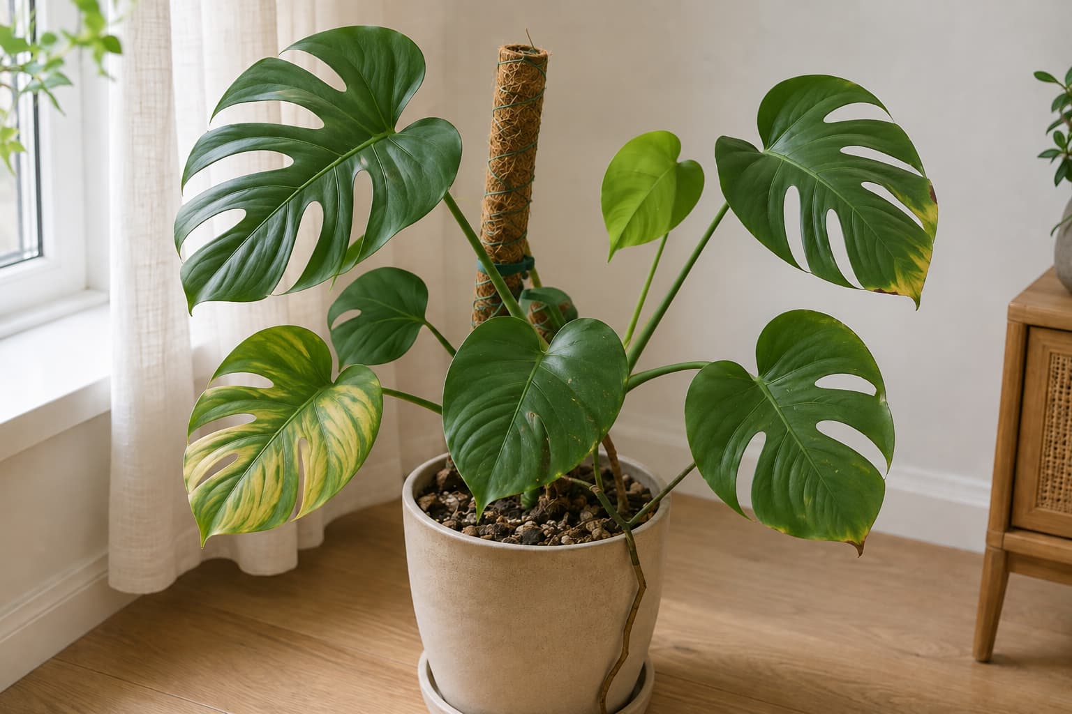 Diagnostic overview of a Monstera with yellow leaves showing visual clues used to identify common care problems.