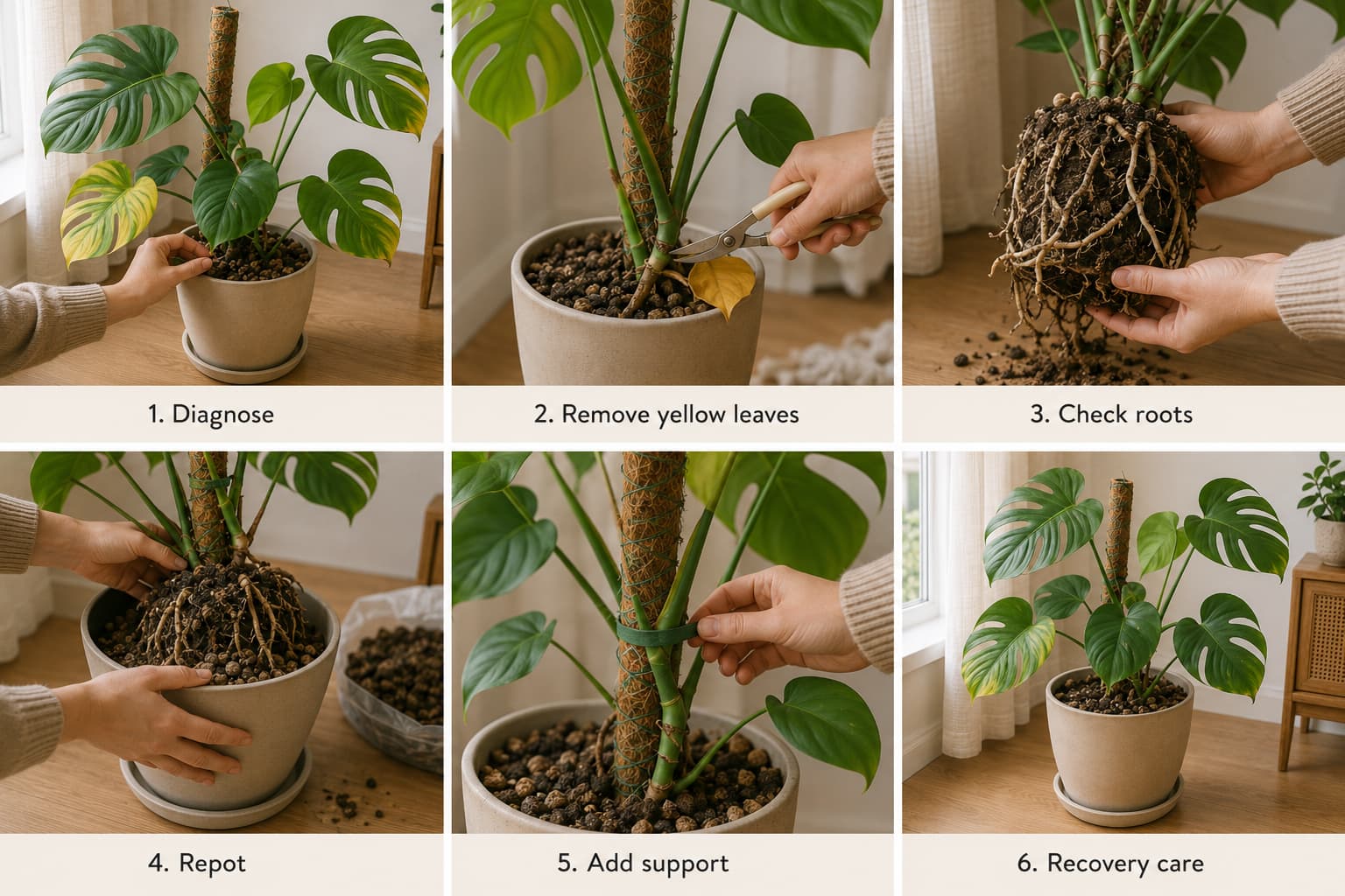 Step-by-step Monstera rescue process showing diagnosis, yellow-leaf removal, root inspection, repotting, support, and recovery care.