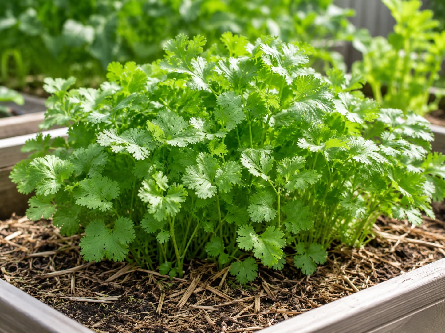 Cilantro growing in evenly moist soil covered with a light organic mulch to help keep roots cool during summer heat.
