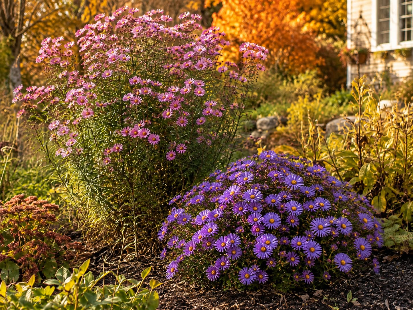 Compact purple and taller pink New England aster cultivars flowering together in an autumn perennial border.