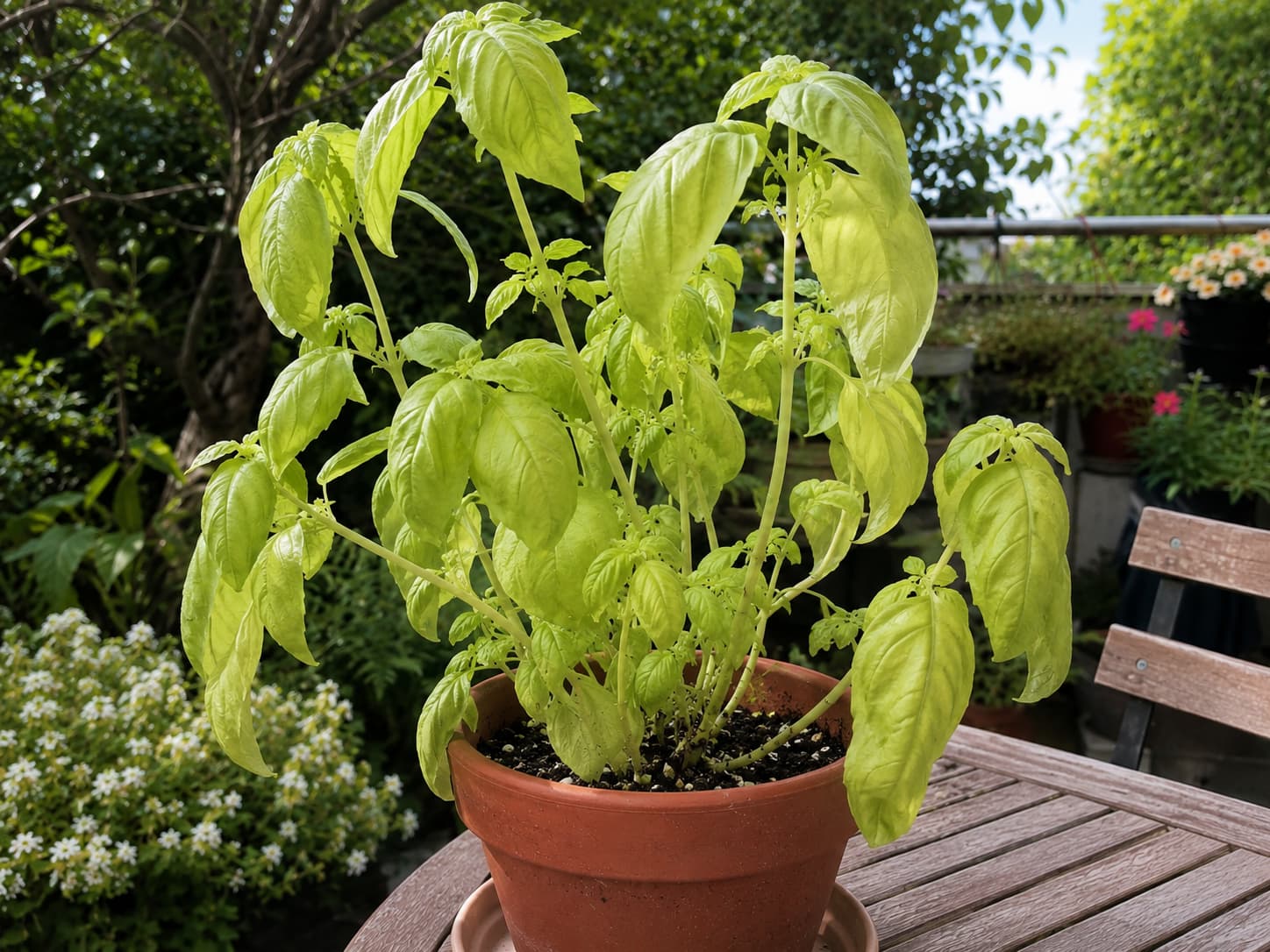 Overfed potted herb showing unusually soft leggy growth and pale oversized leaves.