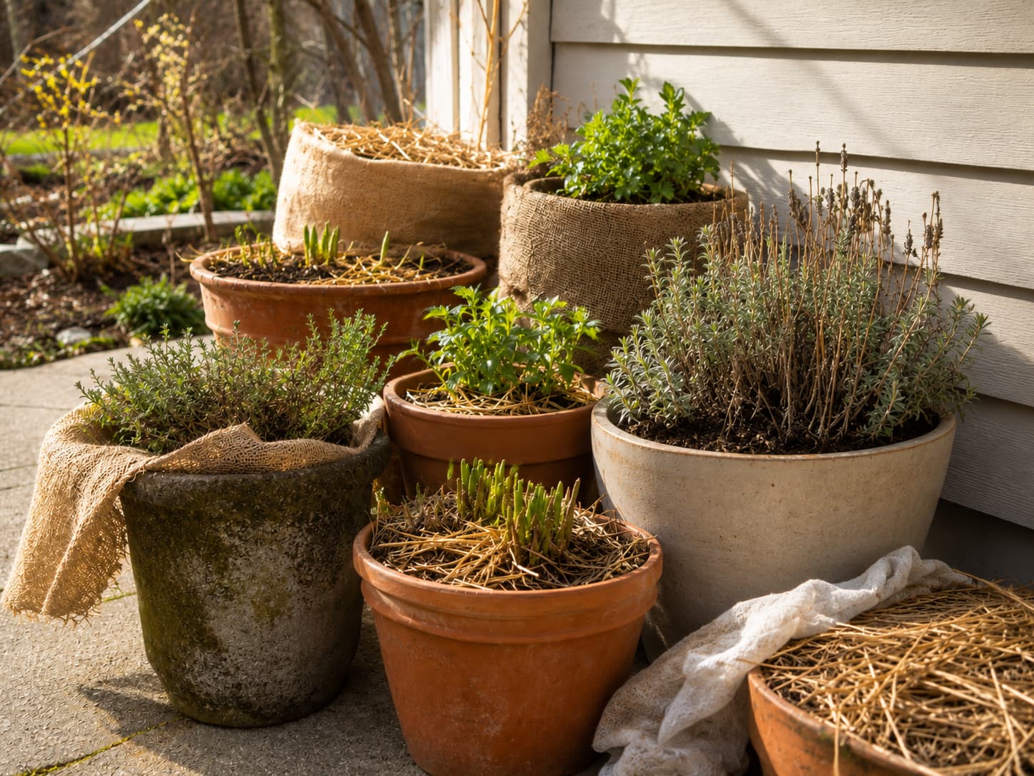 Overwintered potted plants being gradually uncovered and returned to brighter outdoor conditions in early spring.