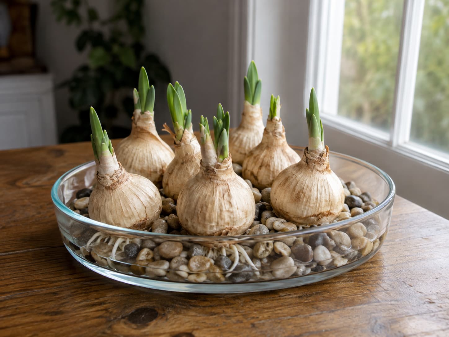 Paperwhite bulbs nestled in pebbles with water reaching only the base of the bulbs in a shallow indoor bowl.