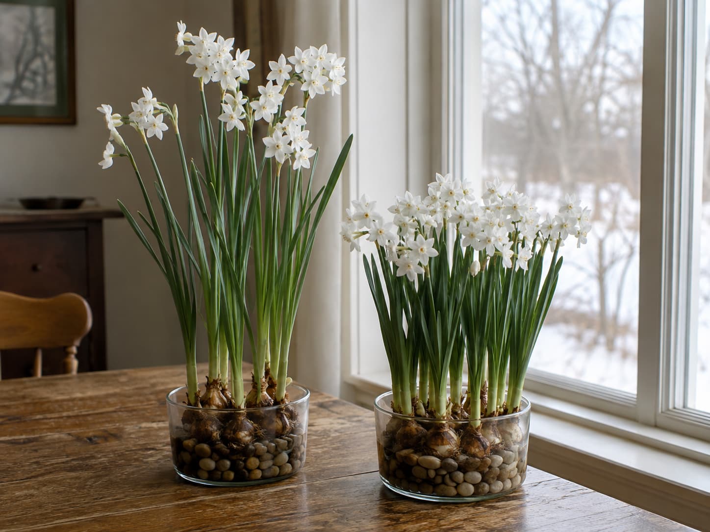 Two containers of paperwhites grown side by side, comparing taller plain-water stems with shorter sturdier stems after diluted alcohol treatment.