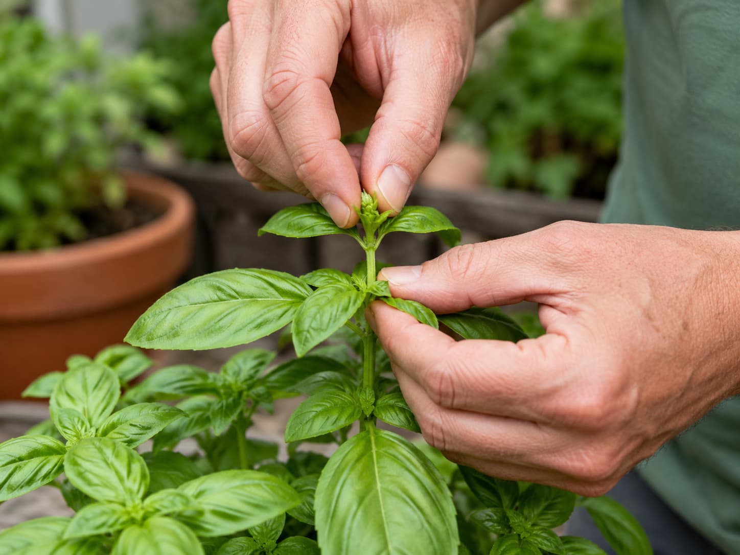 Gardener pinching a young flower bud just above a healthy leaf pair to delay flowering and encourage branching.