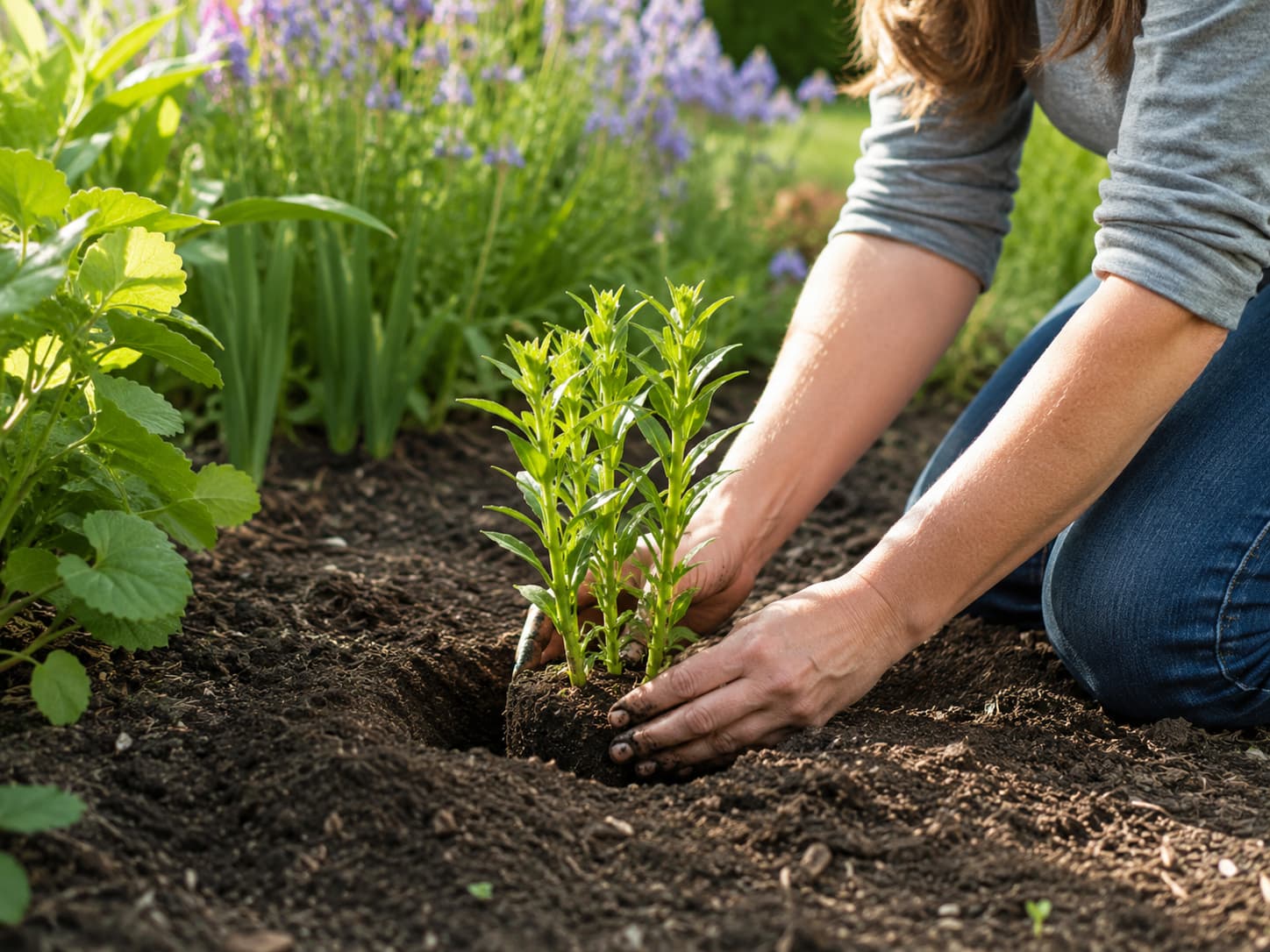 Gardener planting a young goldenrod perennial at the same depth as its root ball in a sunny garden bed.