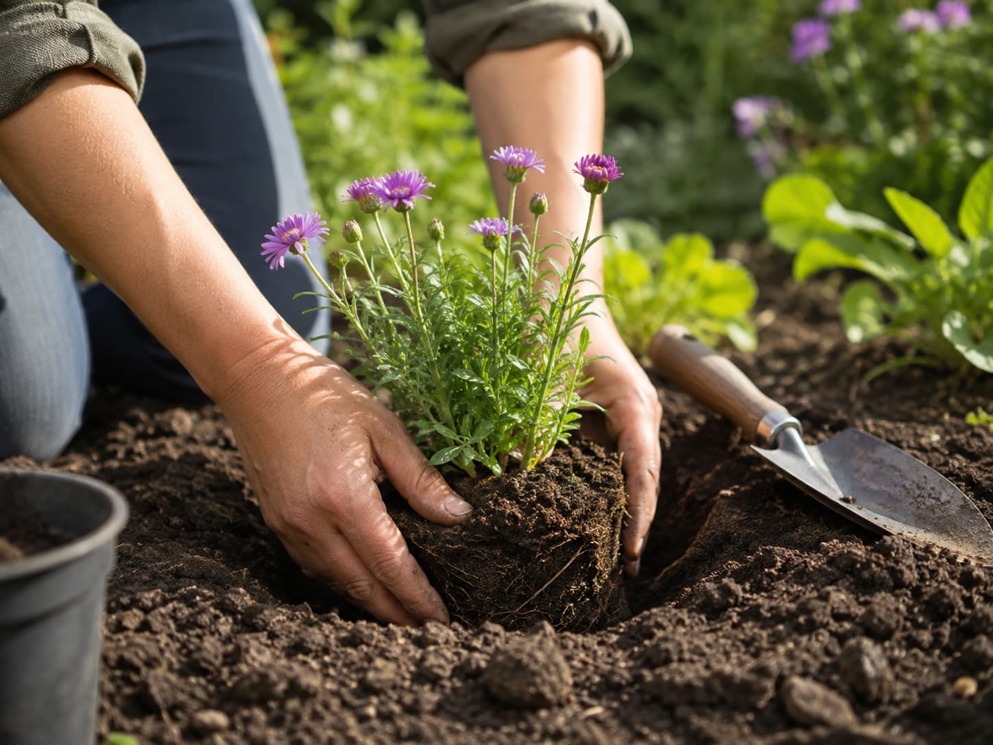 Gardener planting a young New England aster with the crown level with the surrounding garden soil.