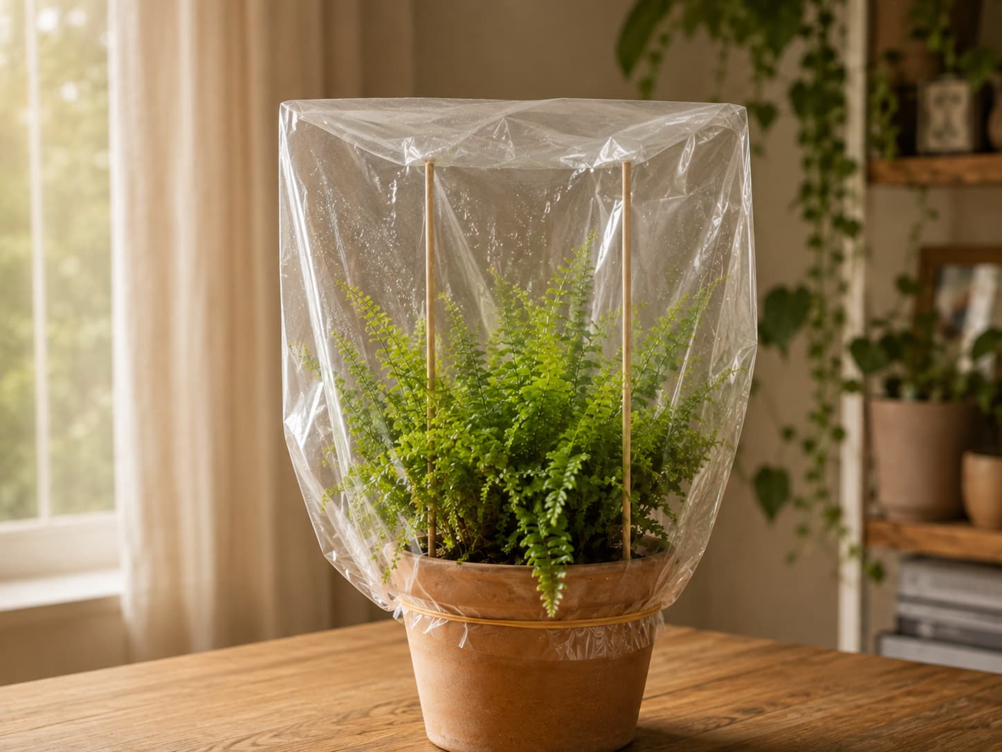 Humidity-loving houseplant covered with a clear plastic bag supported above the leaves in indirect light.