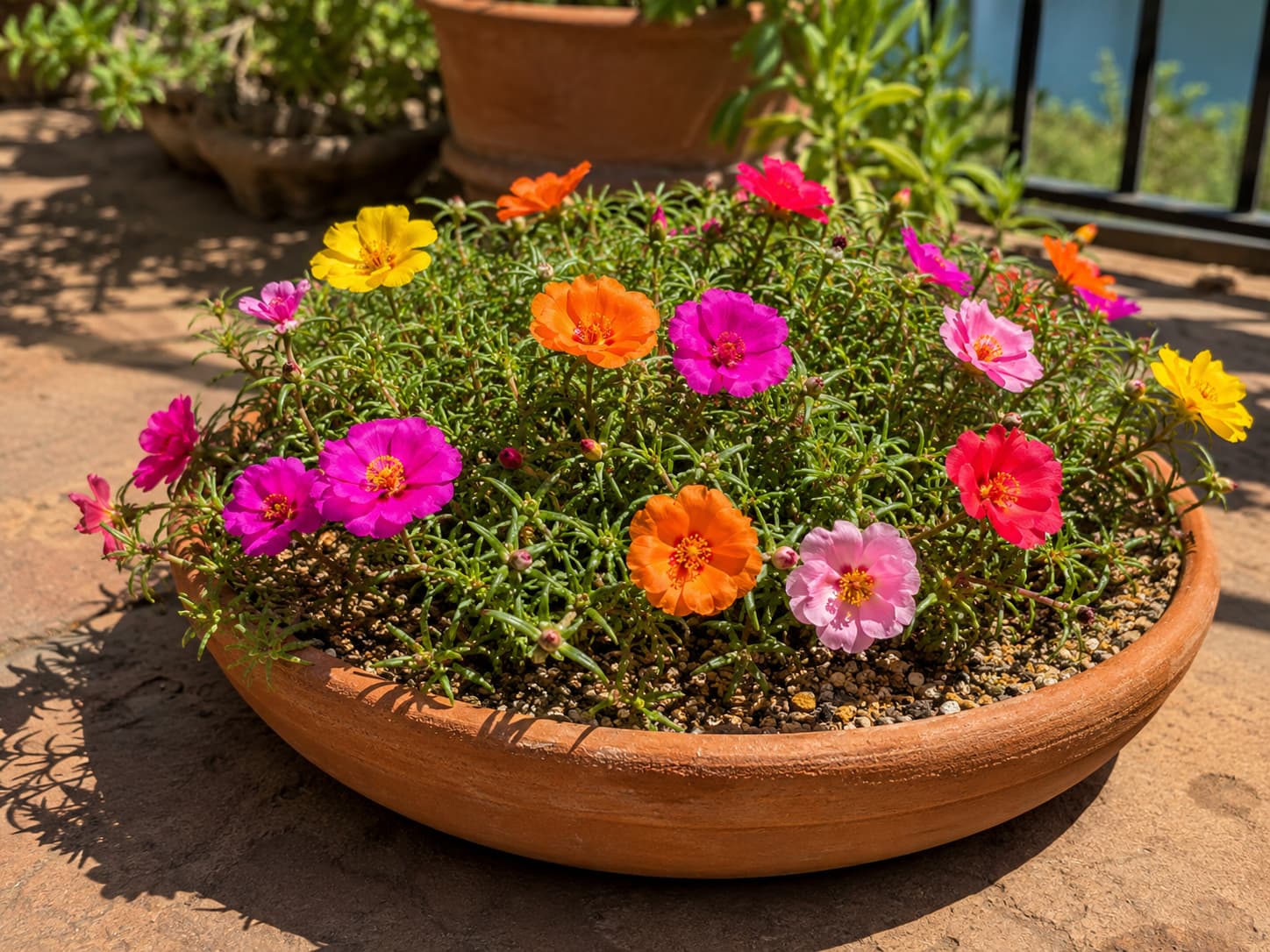 Portulaca moss rose flowering in a shallow well-drained container exposed to strong direct summer sun.