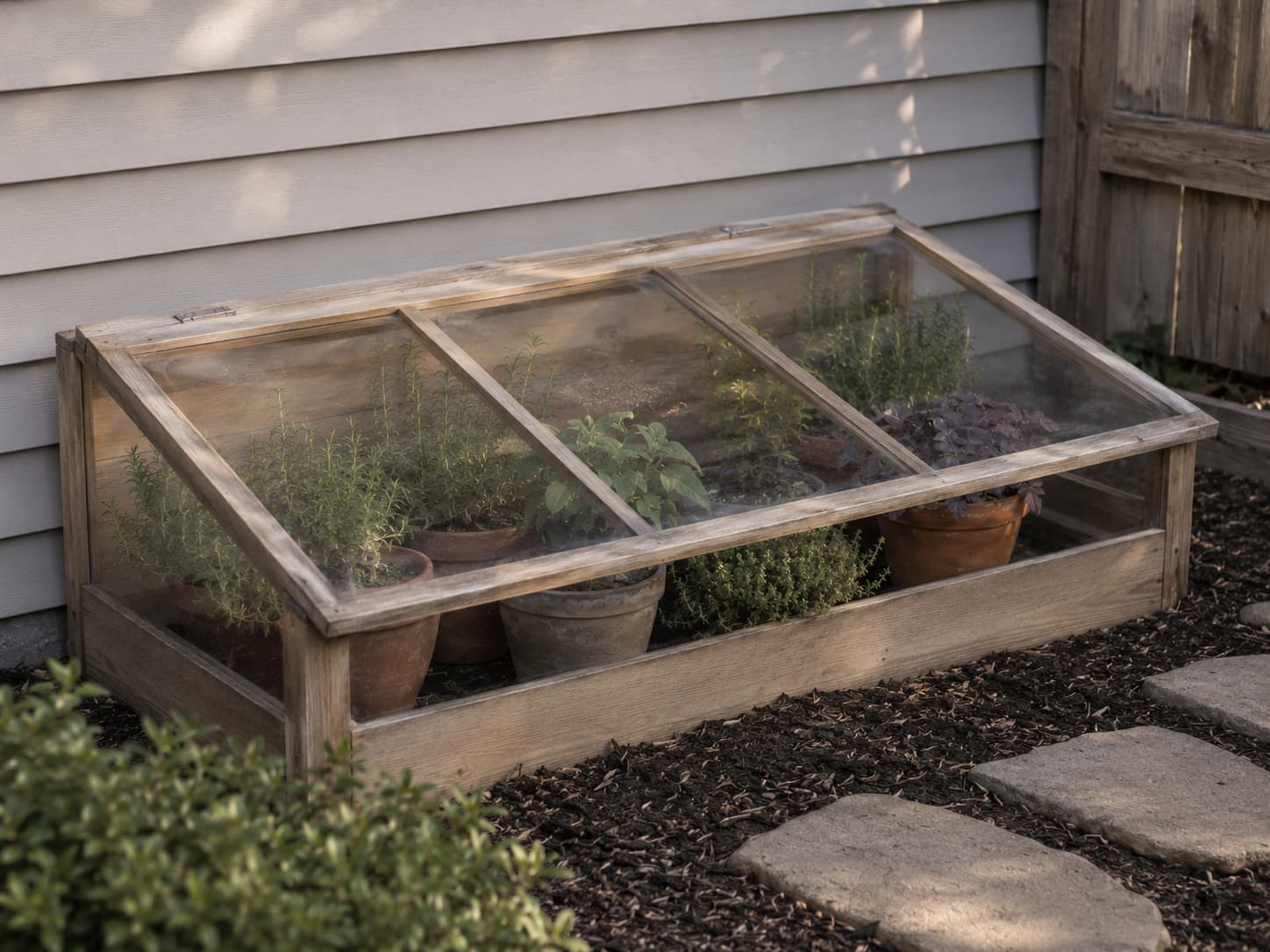Hardy potted herbs and perennials overwintering inside a simple cold frame positioned in a sheltered sunny location.