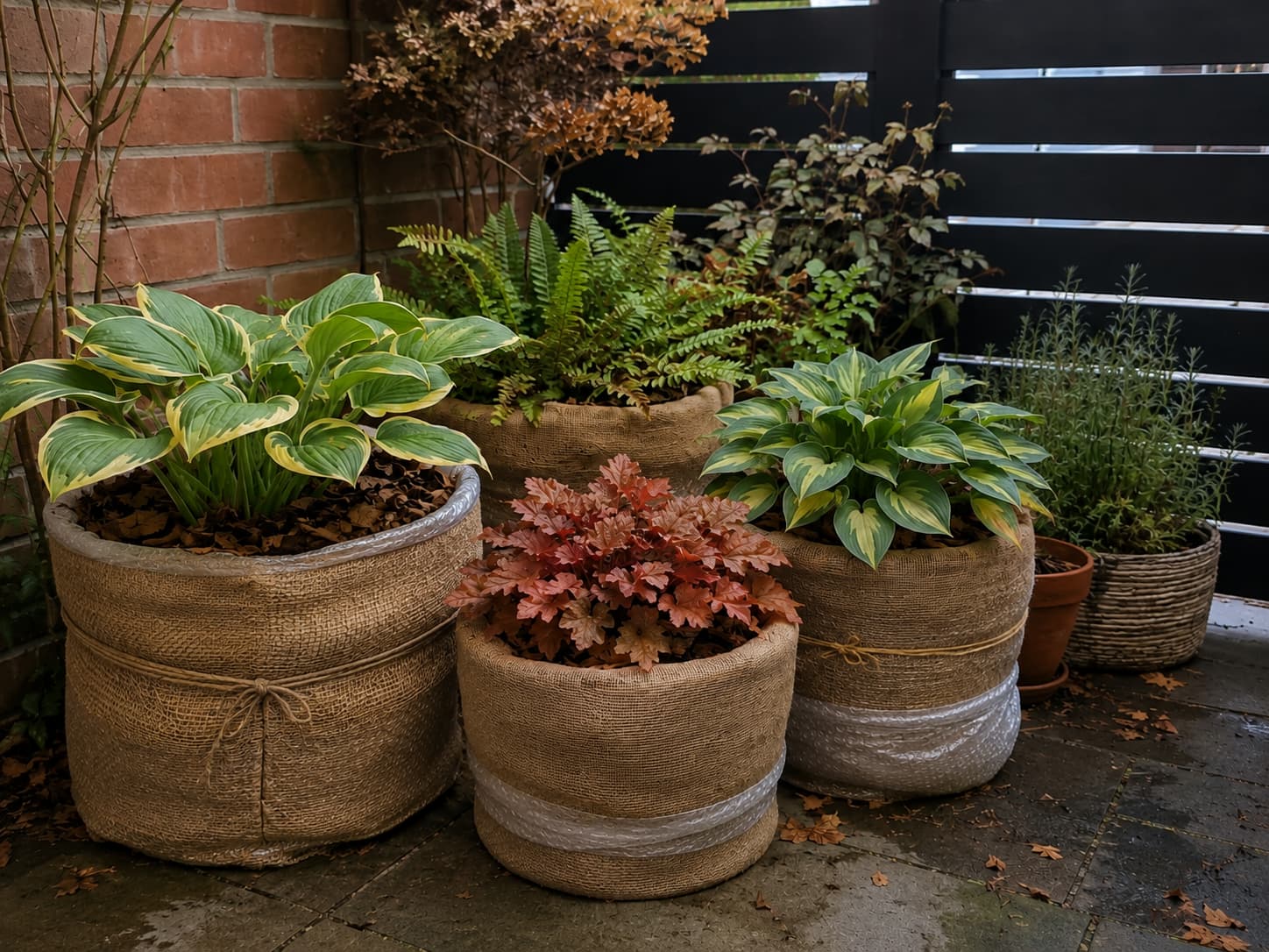 Potted perennials grouped in a sheltered outdoor area with insulated containers and winter protection in place.