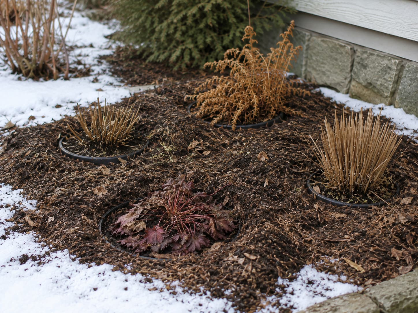 Potted perennials sunk into garden soil with mulch around the containers to buffer roots from winter temperature swings.