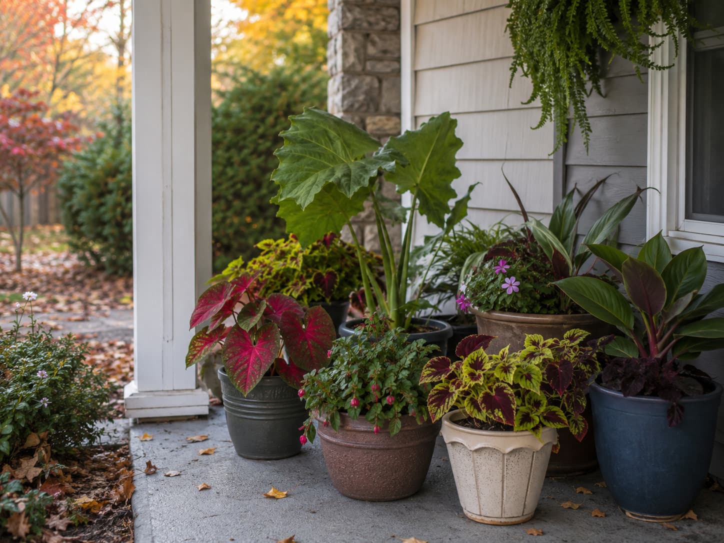 Potted tropical and tender plants gathered on a sheltered porch in early fall before colder nighttime temperatures arrive.