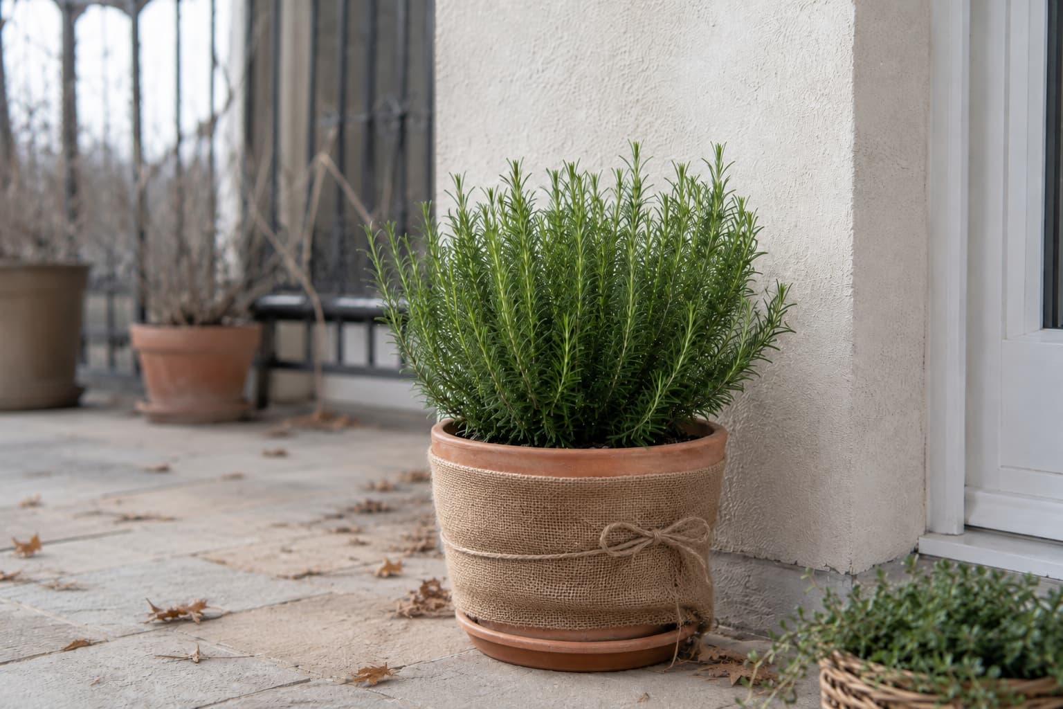 Potted rosemary moved to a sheltered bright location near a wall for protection during cold winter weather.