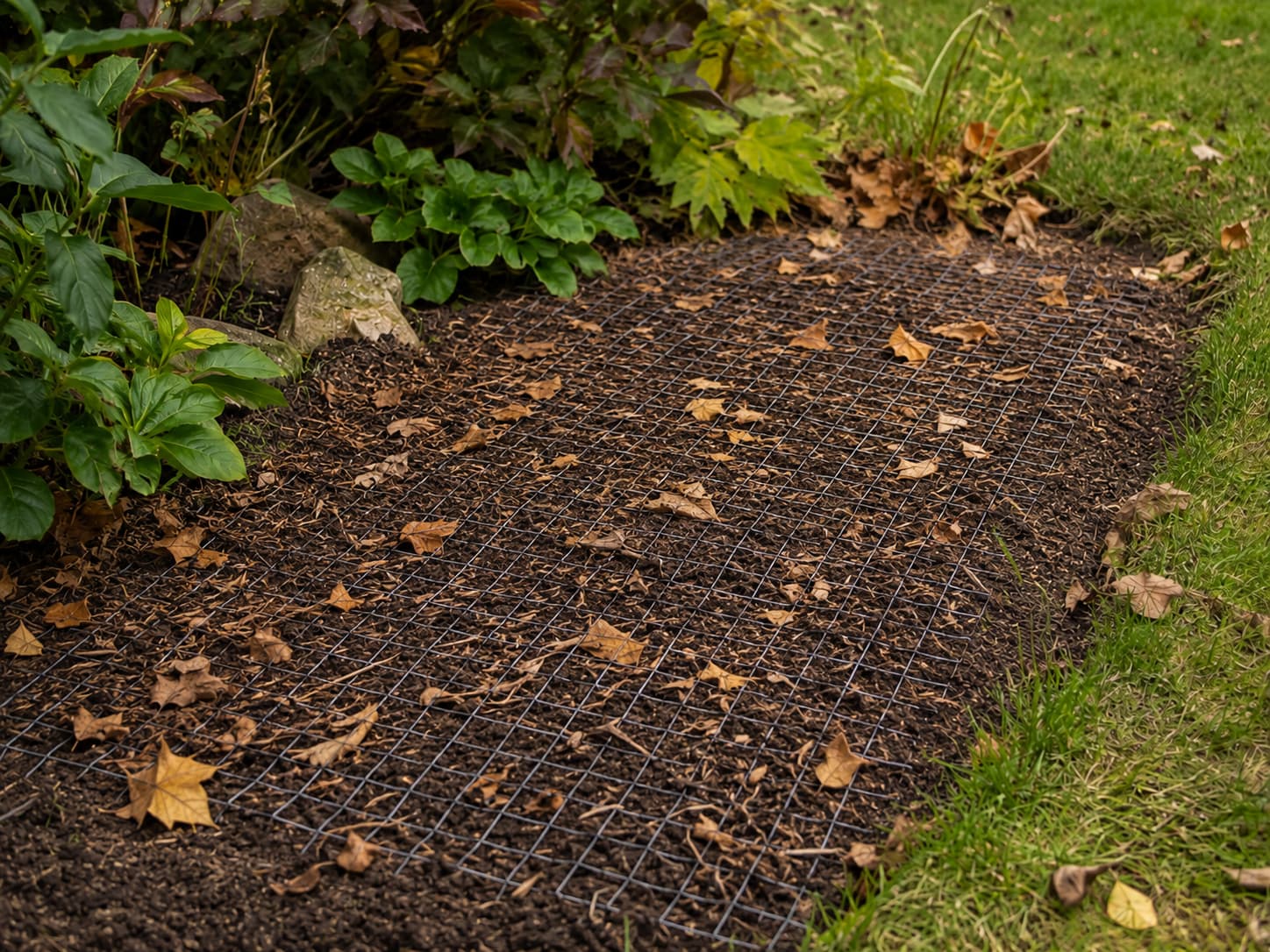 Freshly planted fall bulb bed protected with flat wire mesh at the soil surface to discourage squirrels and other digging animals.