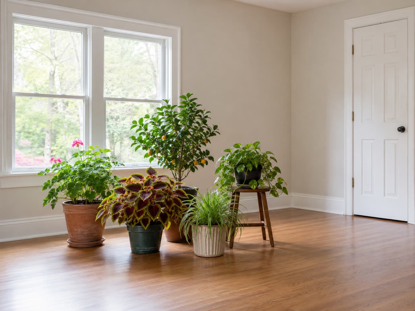 Several recently moved potted plants isolated in a bright spare room away from established houseplants during quarantine.