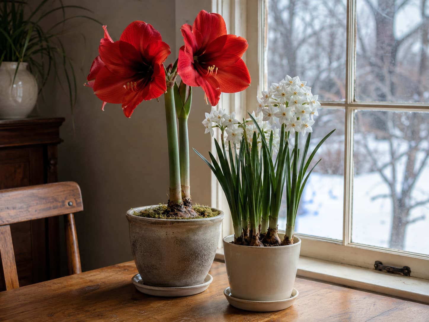 Red amaryllis and white paperwhites flowering indoors on a wooden table near a bright winter window.