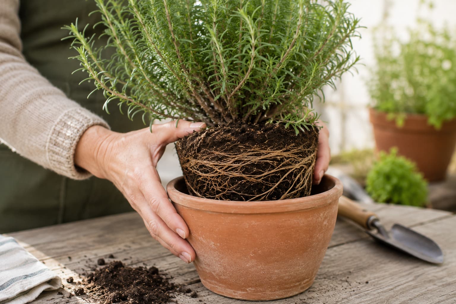 Root-bound rosemary lifted partly from its container to show circling roots before repotting.