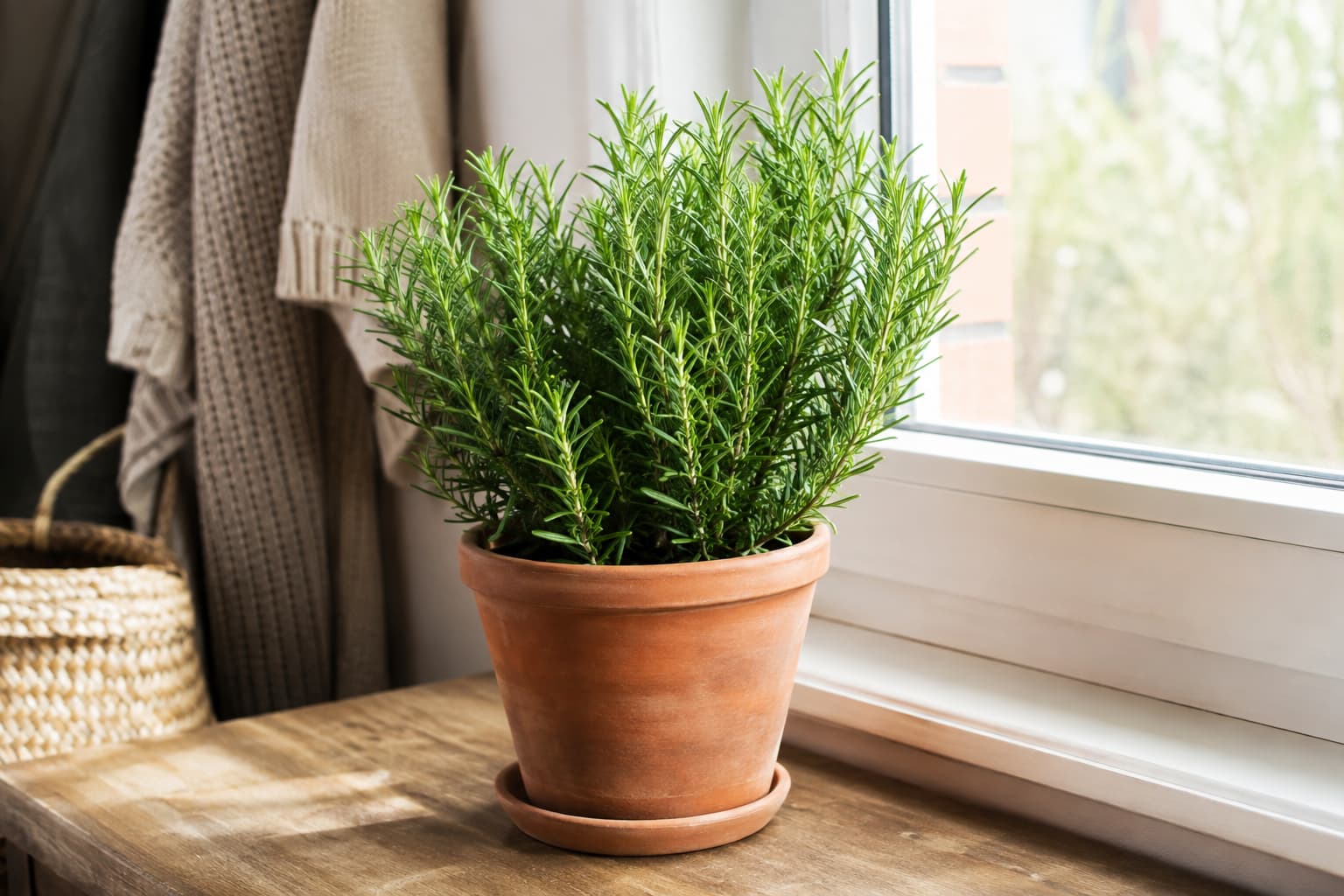 Potted rosemary growing beside a bright indoor window with compact healthy green growth.