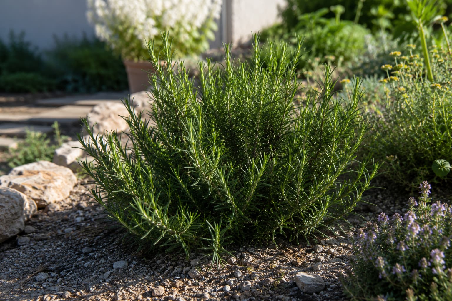 Healthy rosemary growing in full sun in a bright garden bed with free-draining, gravelly soil.
