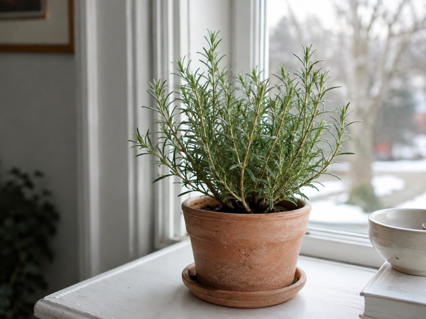 Potted rosemary growing in a bright, cool indoor location with good airflow during winter.
