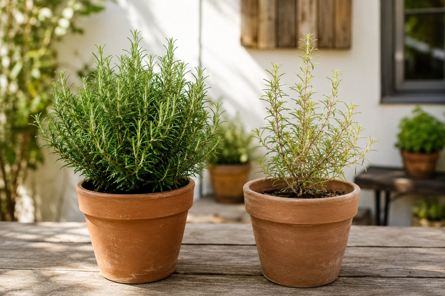 Healthy compact rosemary compared with a pale, sparse rosemary plant showing slow growth in similar containers.