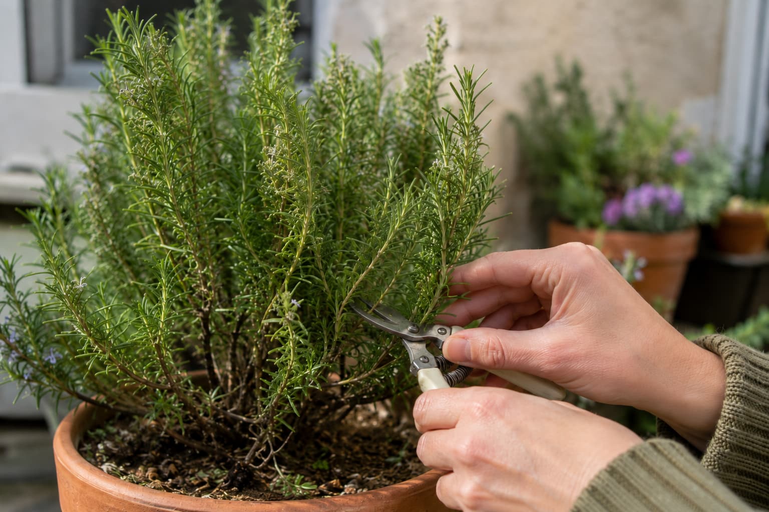Gardener lightly pruning healthy green rosemary stems with clean pruning snips after flowering.