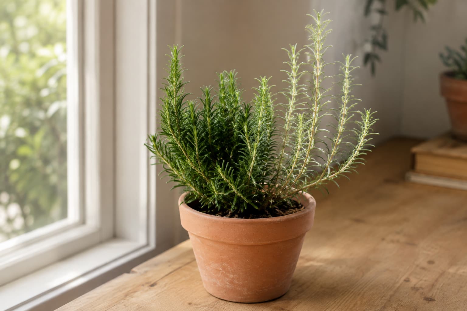 Potted rosemary near a bright window showing the difference between compact sun-grown tips and stretched low-light growth.