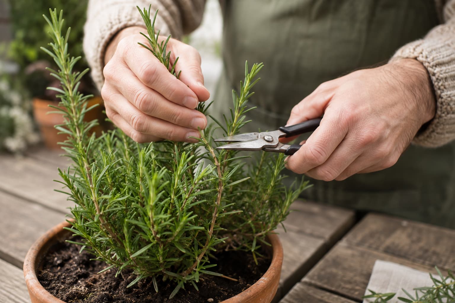Gardener trimming a rosemary stem just above healthy green leafy growth with clean pruning snips.