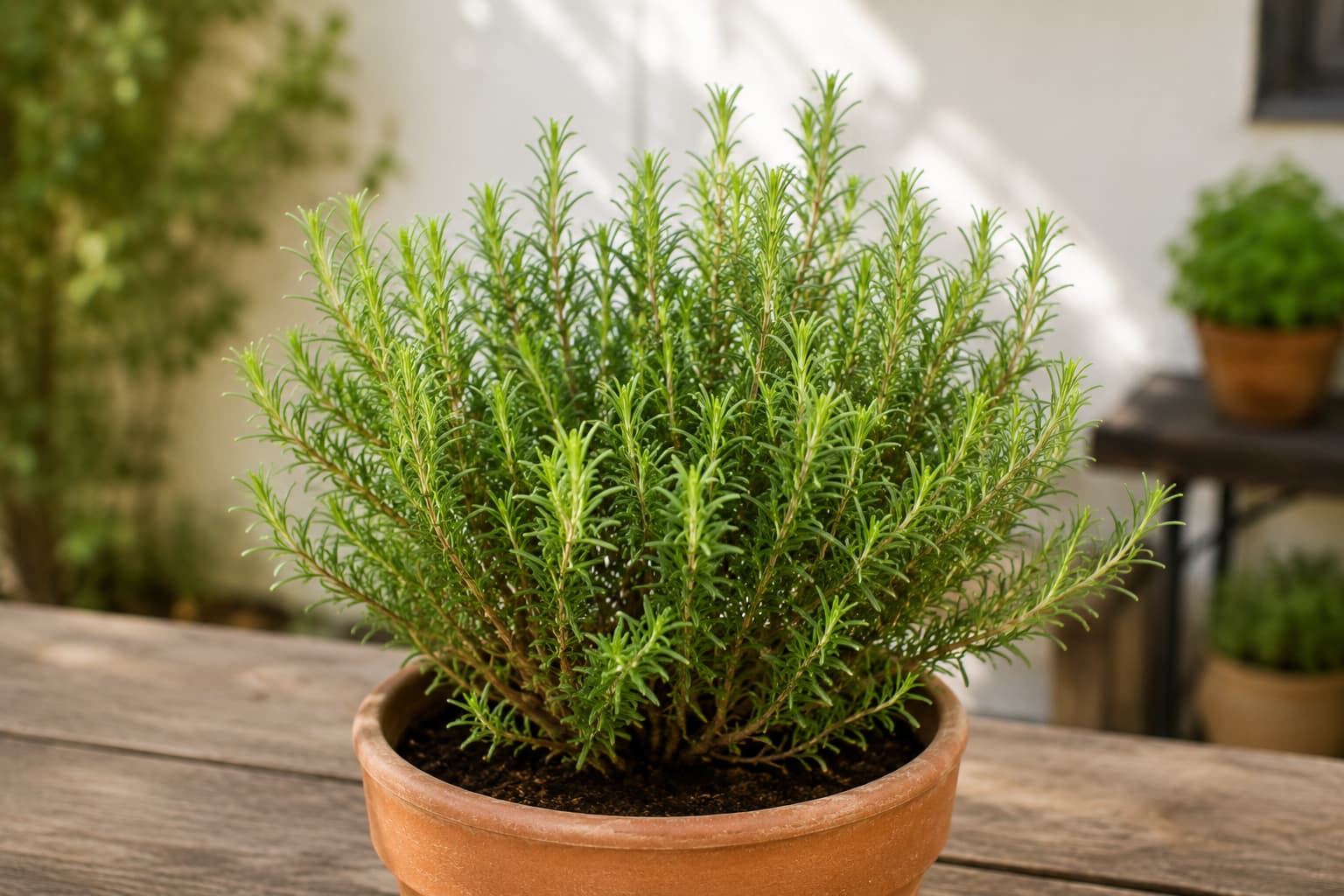 Recovering rosemary plant producing compact fresh green shoots after its growing conditions were corrected.
