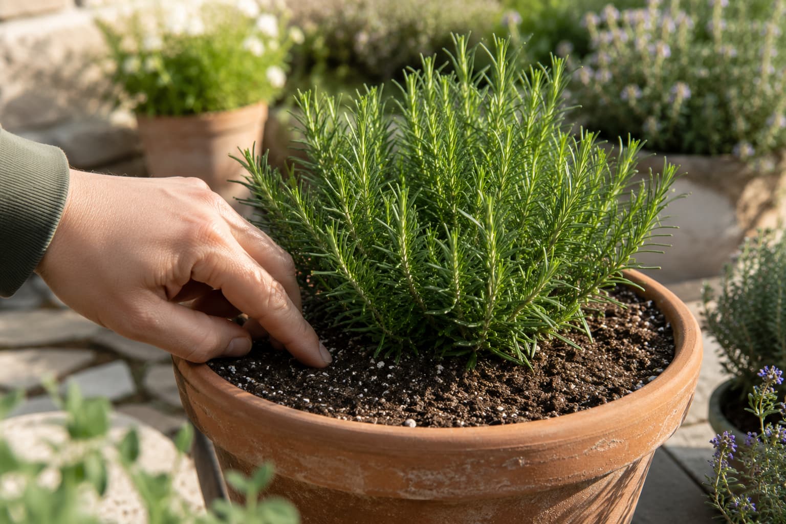 Gardener checking the top of rosemary potting mix for dryness before watering a terracotta container.