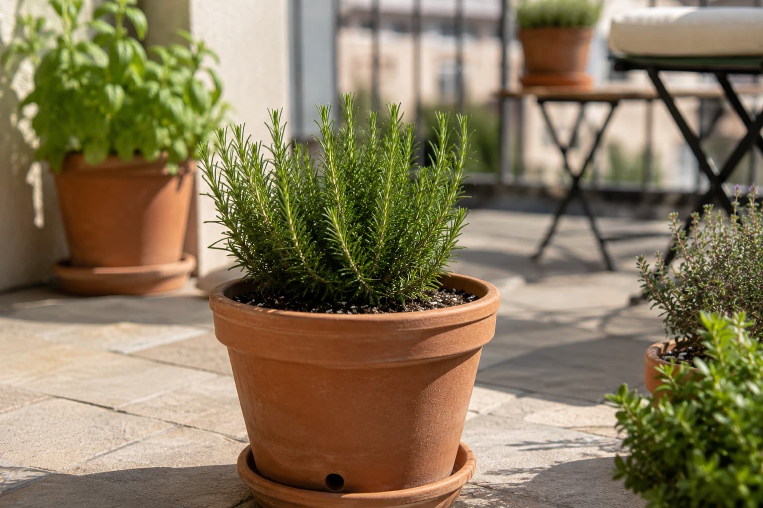 Healthy rosemary growing in a terracotta pot with drainage on a sunny apartment patio.