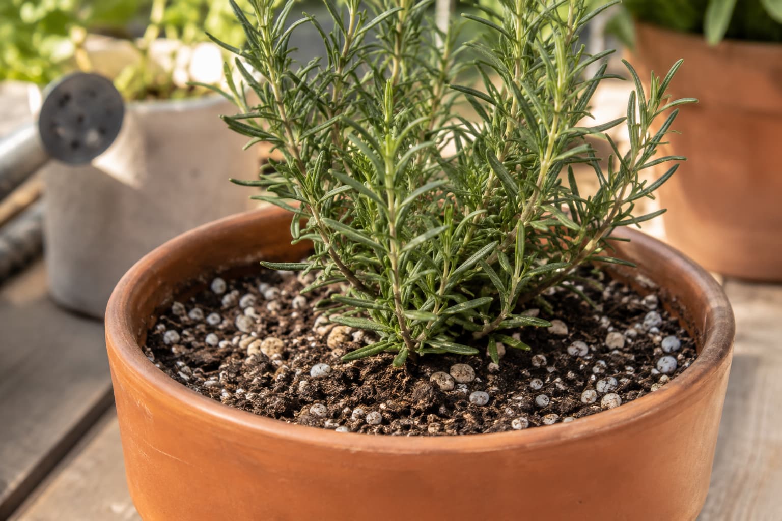 Rosemary in a terracotta pot with a loose, well-drained potting mix containing visible mineral particles.