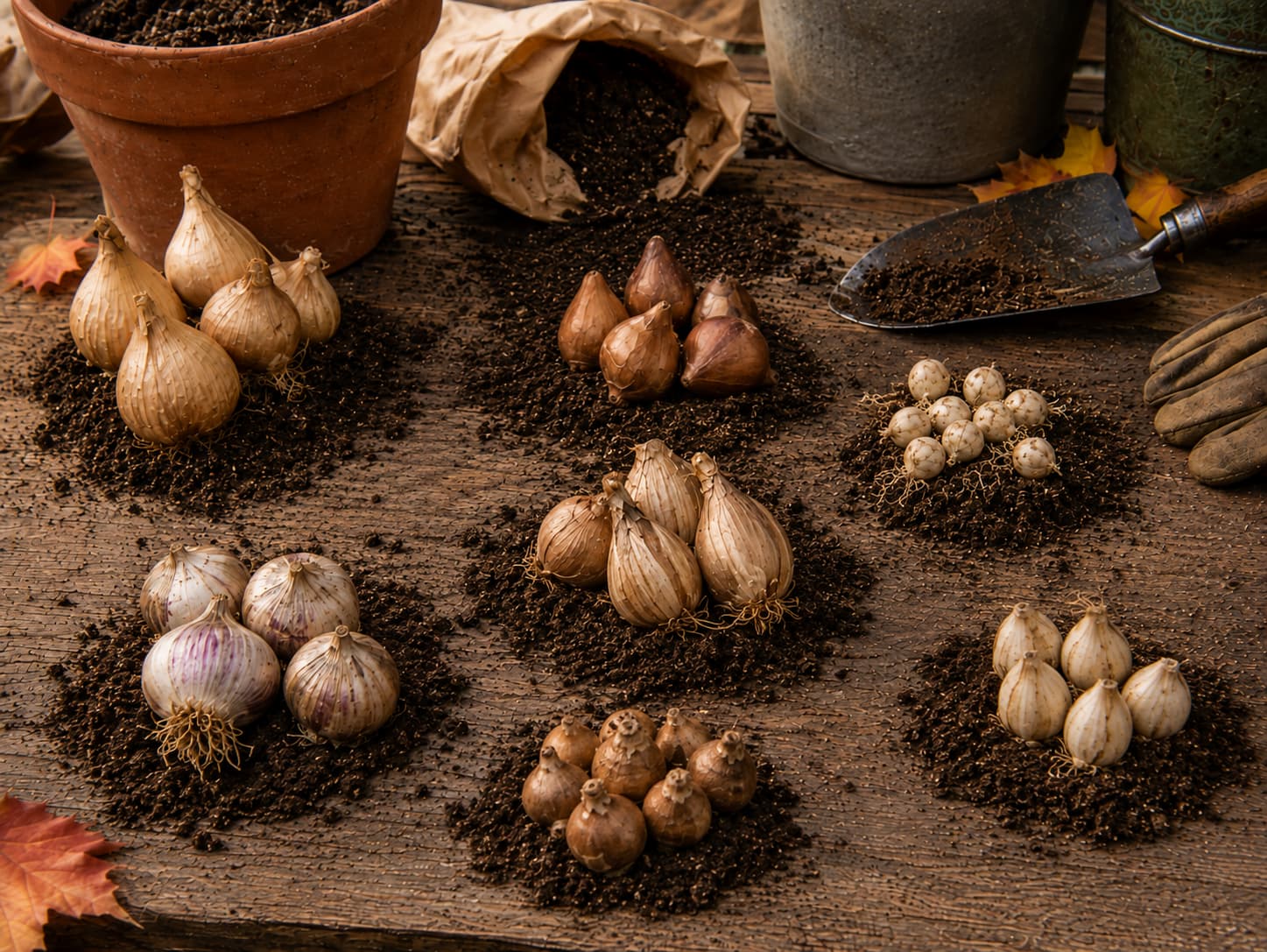 Seven beginner-frSeven beginner-friendly spring bulbs, including daffodils, crocus, tulips, muscari, alliums, hyacinths, and snowdrops, arranged naturally on an autumn potting bench with loose soil for comparison.